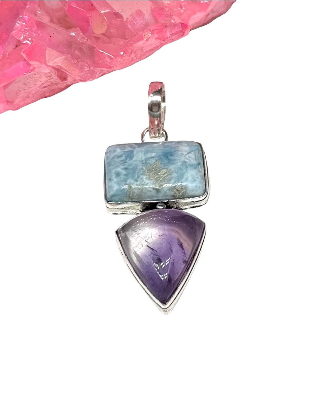 Larimar & Amethyst Necklace Pendant 925 Sterling Silver Overlay